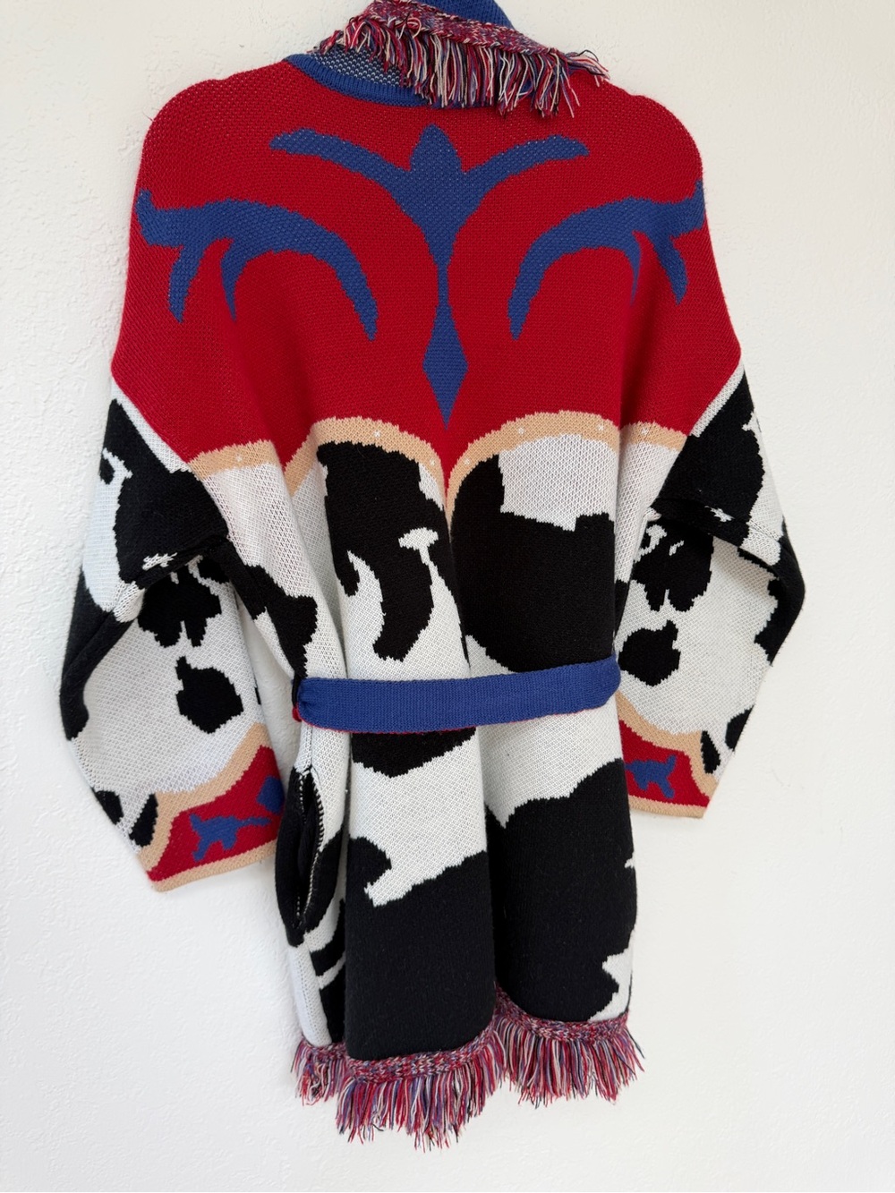 FRINGED cow print colorful oversized fringed belted cardigan sweater / S - Picture 7 of 12